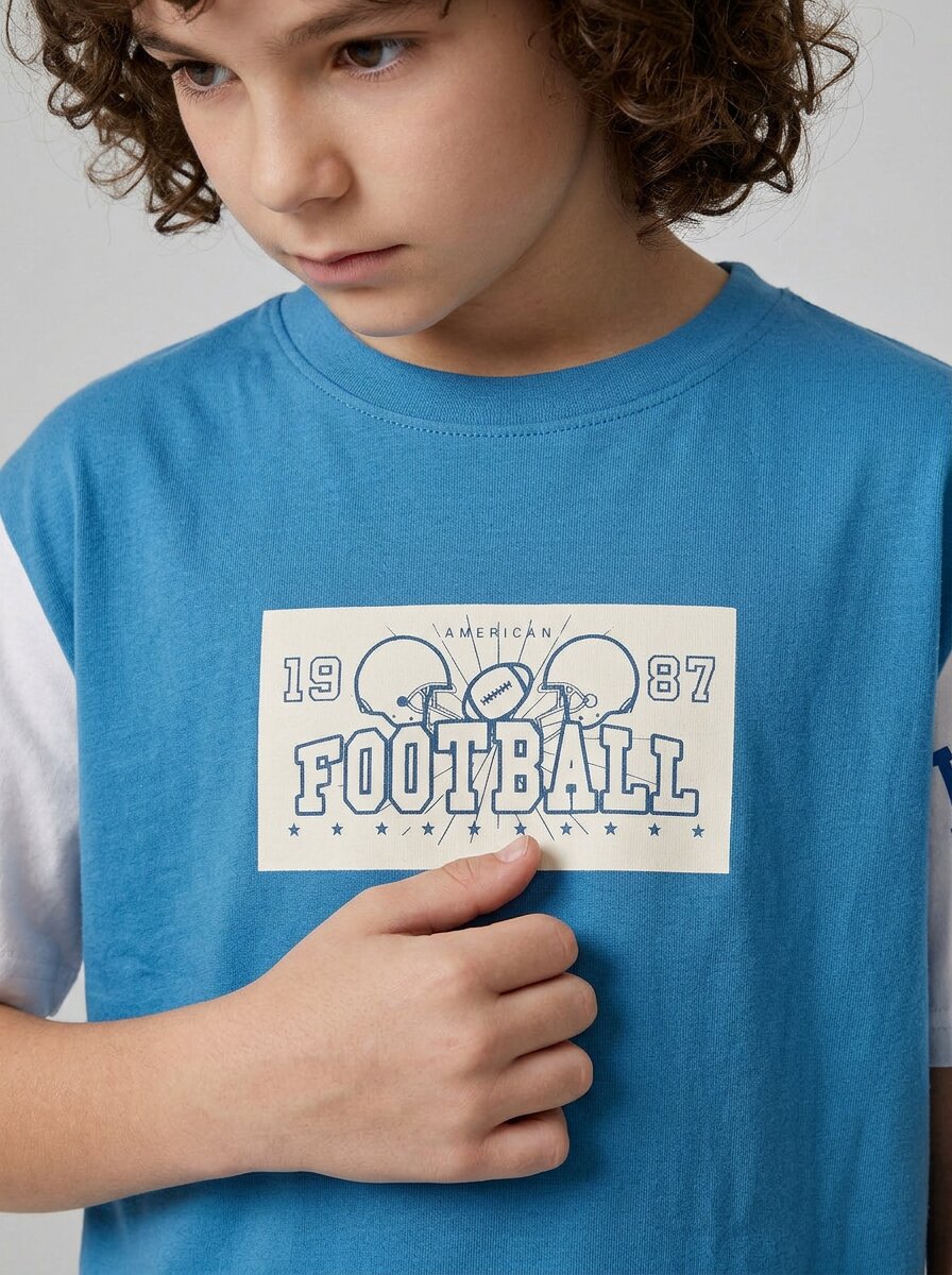 CODEZ Boys Royal Blue American Football Graphic Printed Drop Shoulder Cotton T-Shirt