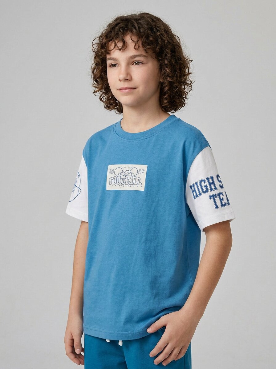 boys oversized t-shirt - CODEZ Boys' Royal Blue American Football Graphic Printed Drop Shoulder Cotton T-Shirt, detail view