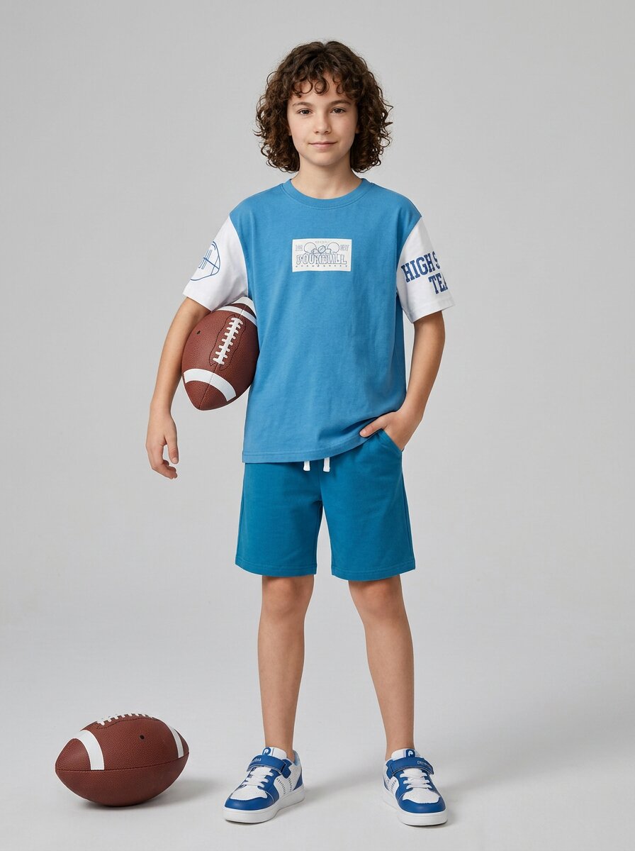 CODEZ Boys Royal Blue American Football Graphic Printed Drop Shoulder Cotton T-Shirt