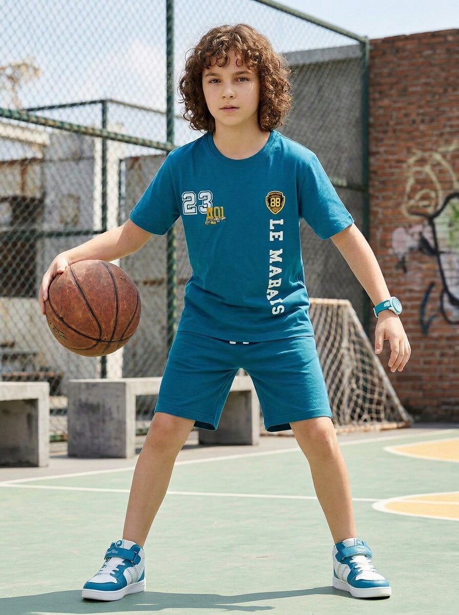 boys oversized t-shirt - CODEZ Boys' Royal Blue Le Marais Graphic Printed Drop Shoulder Cotton T-Shirt, front view