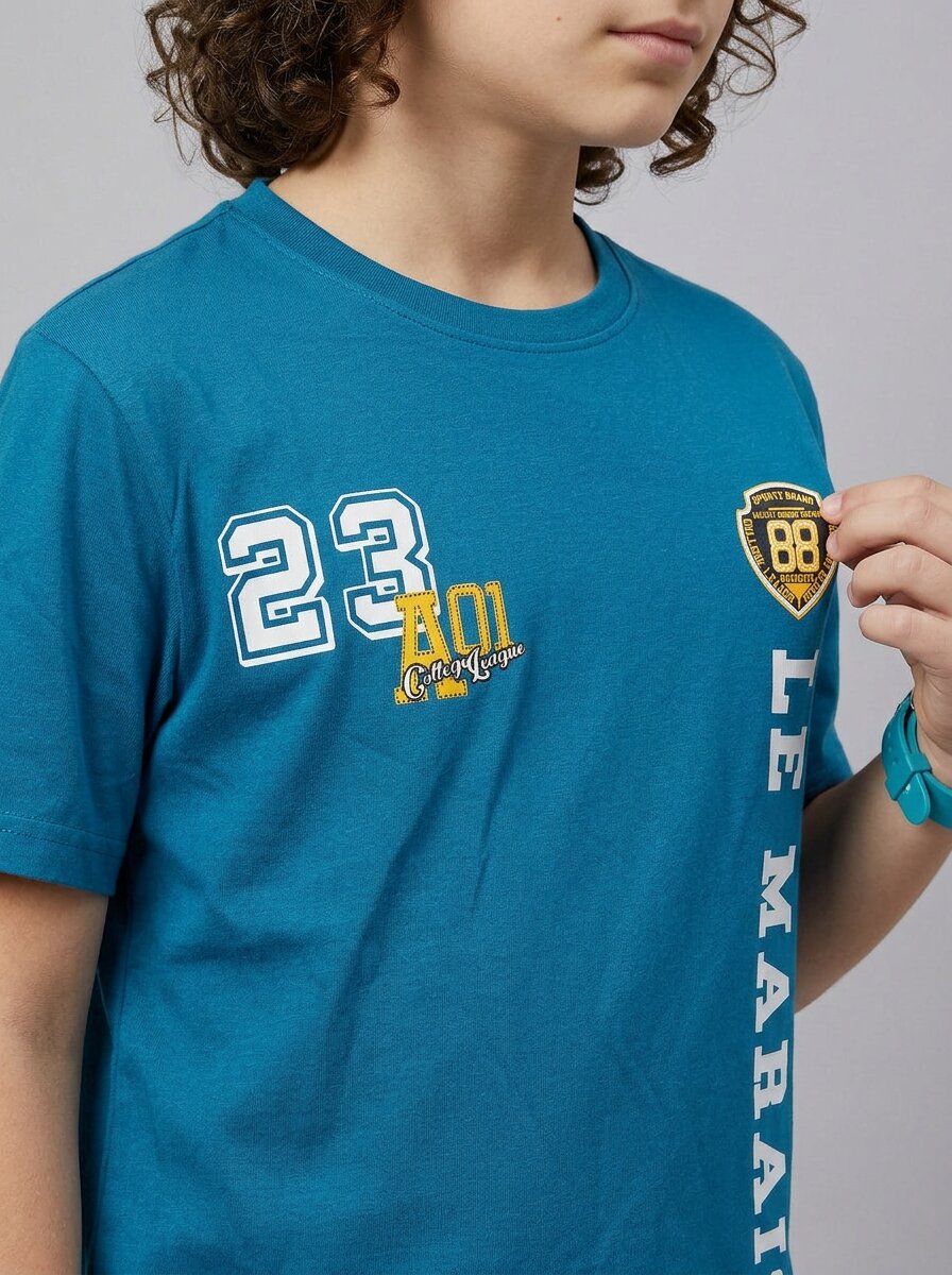 boys oversized t-shirt - CODEZ Boys' Royal Blue Le Marais Graphic Printed Drop Shoulder Cotton T-Shirt, side view
