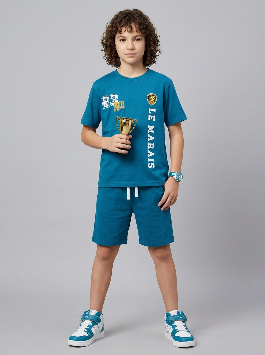 boys oversized t-shirt - CODEZ Boys' Royal Blue Le Marais Graphic Printed Drop Shoulder Cotton T-Shirt, styling view