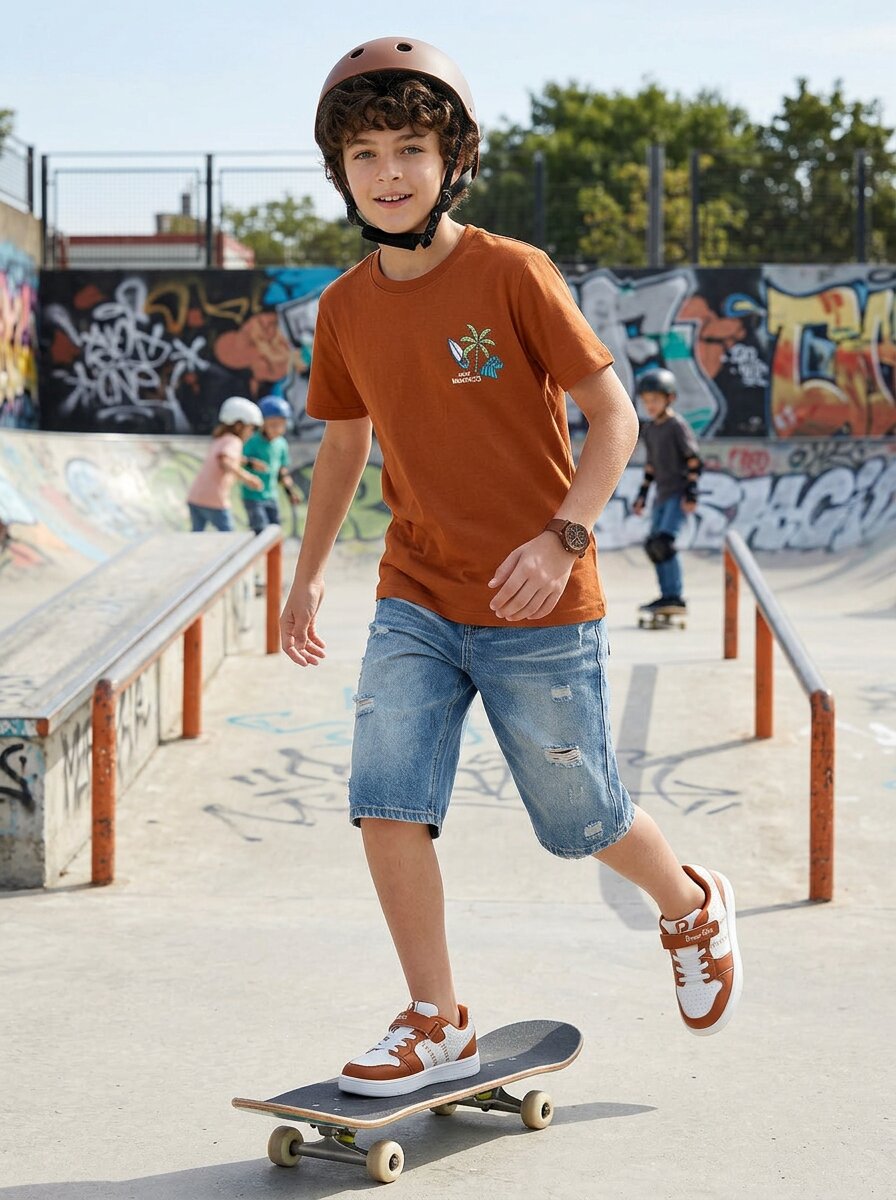 CODEZ Boys Rust Surf Basics Graphic Printed Drop Shoulder Cotton T-Shirt