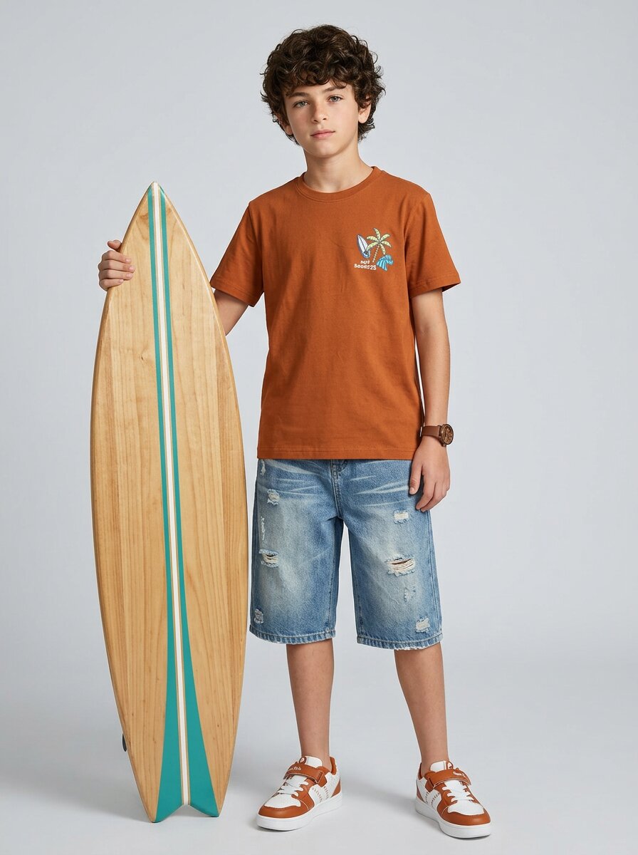 boys oversized t-shirt - CODEZ Boys' Rust Surf Basics Graphic Printed Drop Shoulder Cotton T-Shirt, styling view
