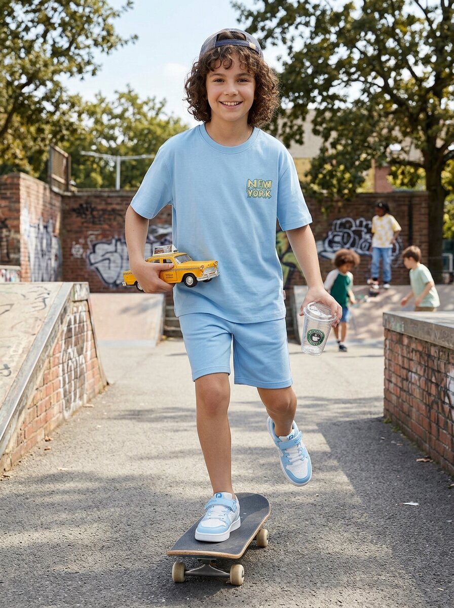 CODEZ Boys Sky Blue New York Taxi Graphic Printed Drop Shoulder Cotton T-Shirt