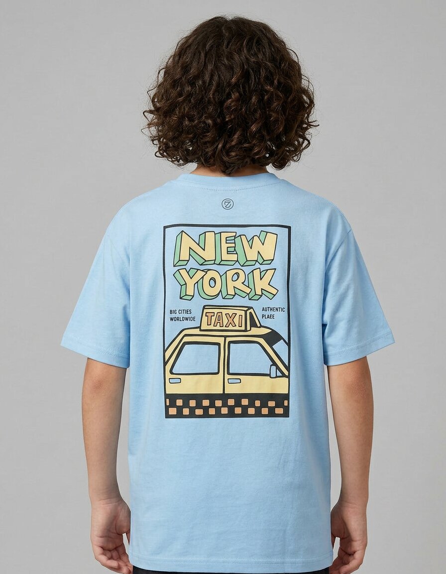 CODEZ Boys Sky Blue New York Taxi Graphic Printed Drop Shoulder Cotton T-Shirt