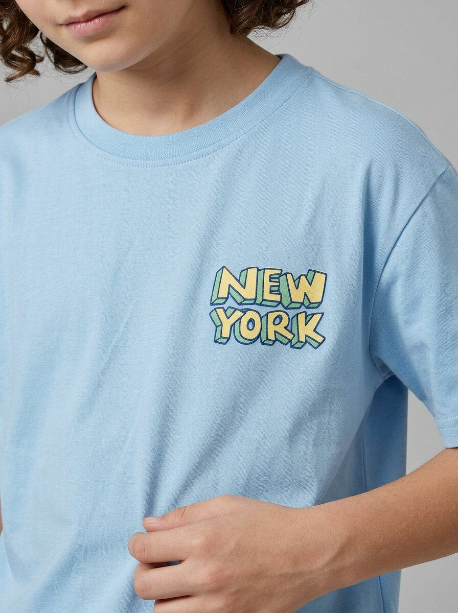 CODEZ Boys Sky Blue New York Taxi Graphic Printed Drop Shoulder Cotton T-Shirt