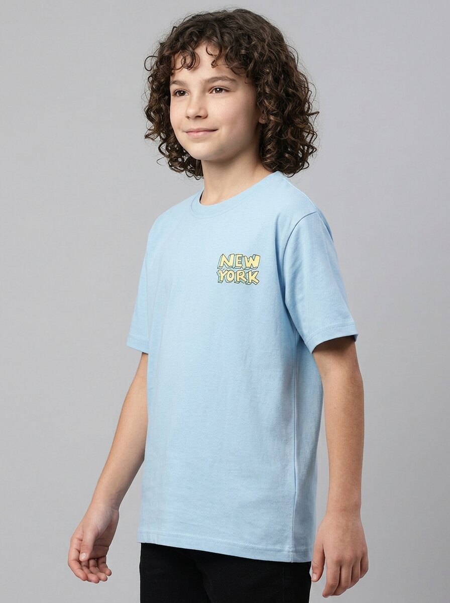 CODEZ Boys Sky Blue New York Taxi Graphic Printed Drop Shoulder Cotton T-Shirt