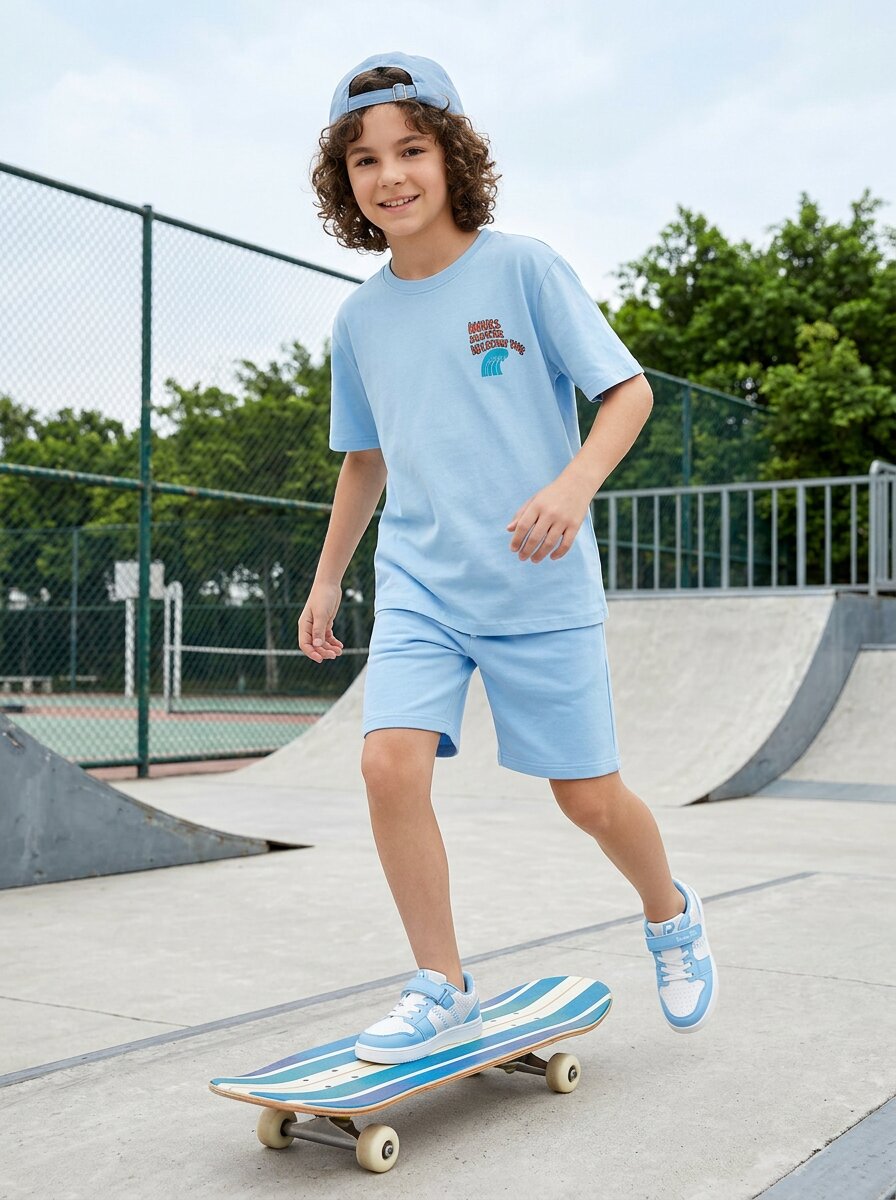 CODEZ Boys Sky Blue Waves Hunter Graphic Printed Drop Shoulder Cotton T-Shirt