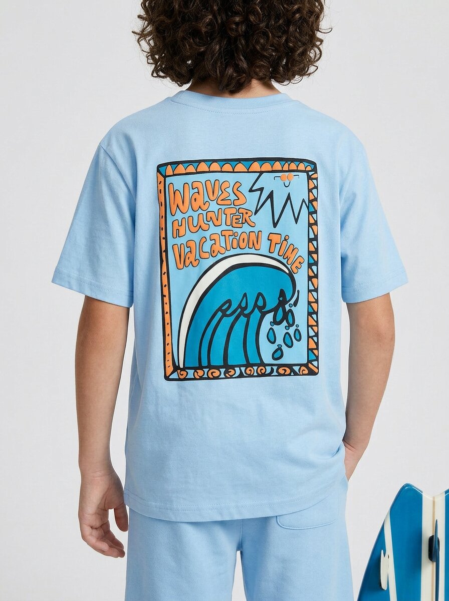 CODEZ Boys Sky Blue Waves Hunter Graphic Printed Drop Shoulder Cotton T-Shirt