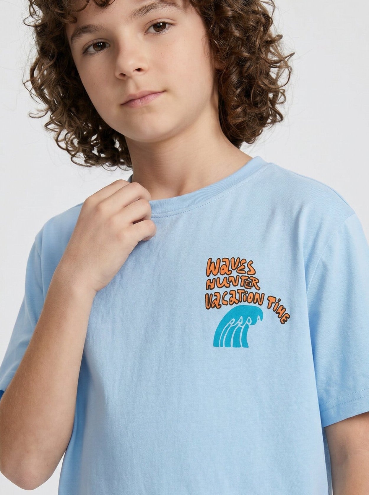 CODEZ Boys Sky Blue Waves Hunter Graphic Printed Drop Shoulder Cotton T-Shirt