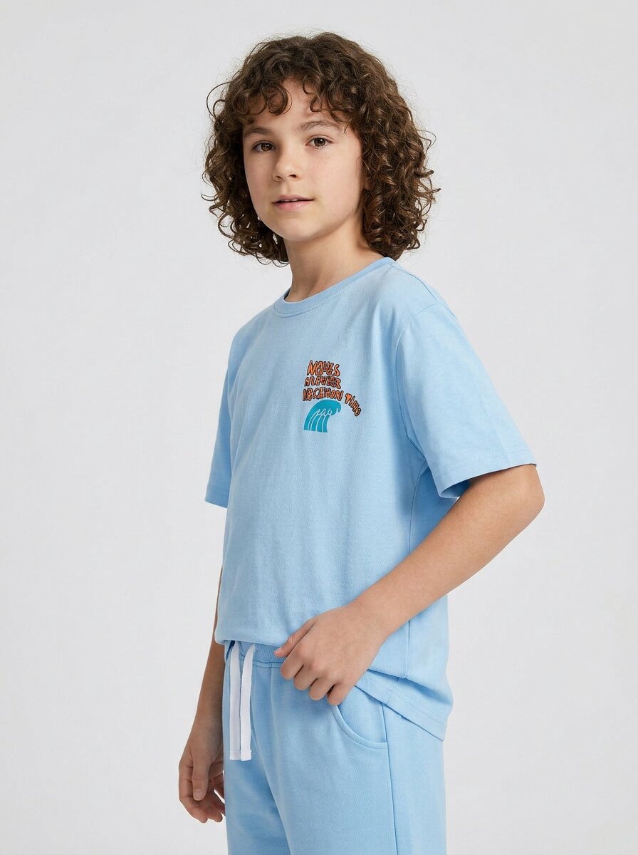 CODEZ Boys Sky Blue Waves Hunter Graphic Printed Drop Shoulder Cotton T-Shirt