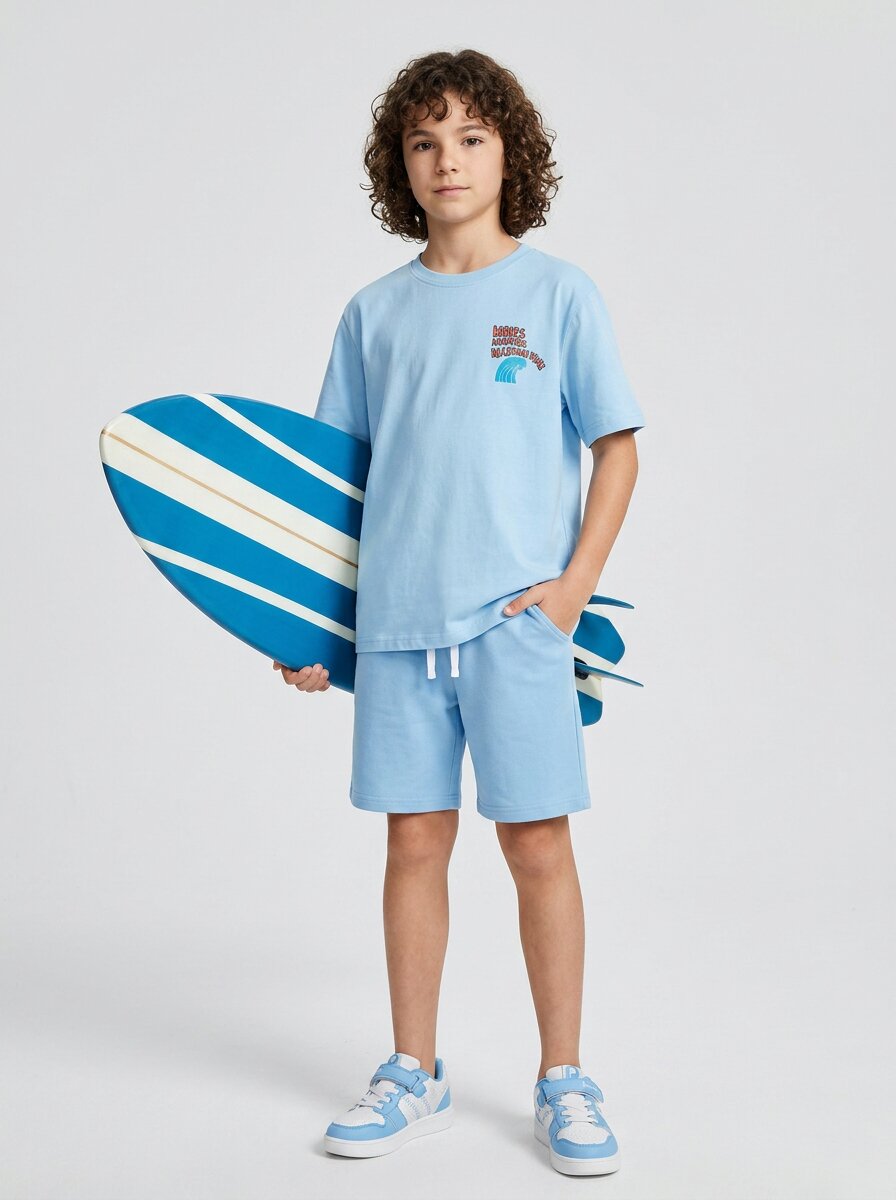CODEZ Boys Sky Blue Waves Hunter Graphic Printed Drop Shoulder Cotton T-Shirt