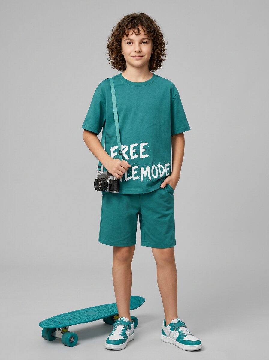 CODEZ Boys Teal Free Style Mode Graphic Printed Drop Shoulder Cotton T-Shirt