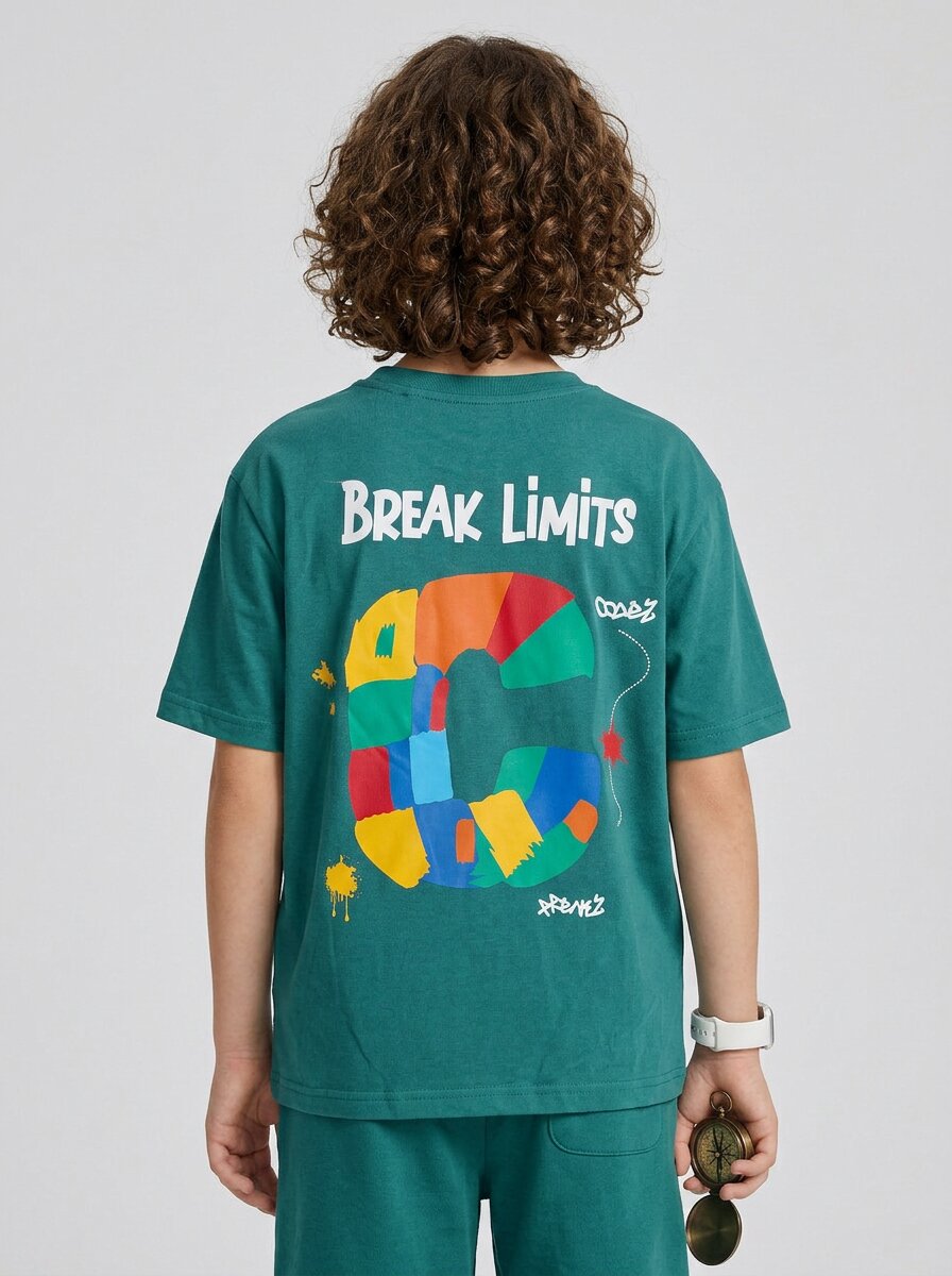 CODEZ Boys Teal Break Limits Graphic Printed Drop Shoulder Cotton T-Shirt