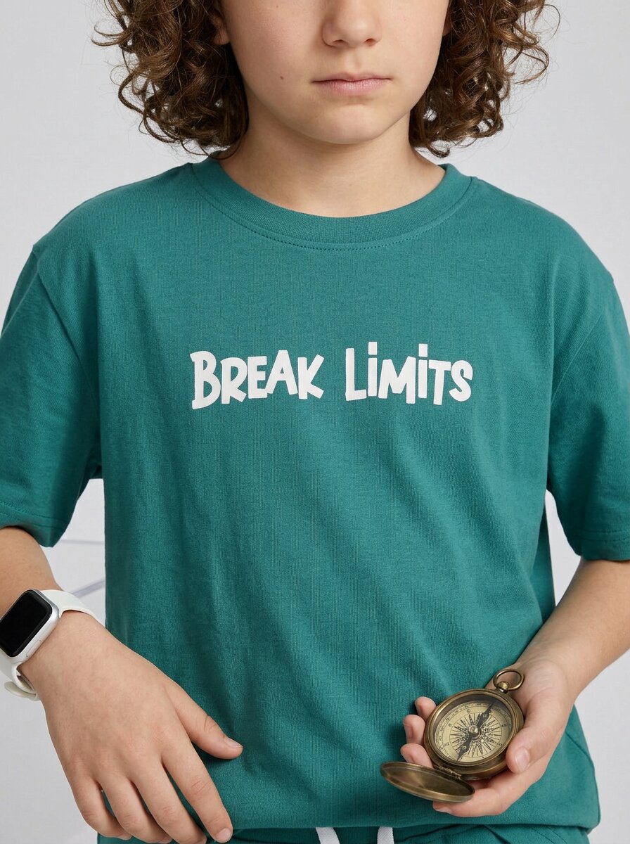 CODEZ Boys Teal Break Limits Graphic Printed Drop Shoulder Cotton T-Shirt