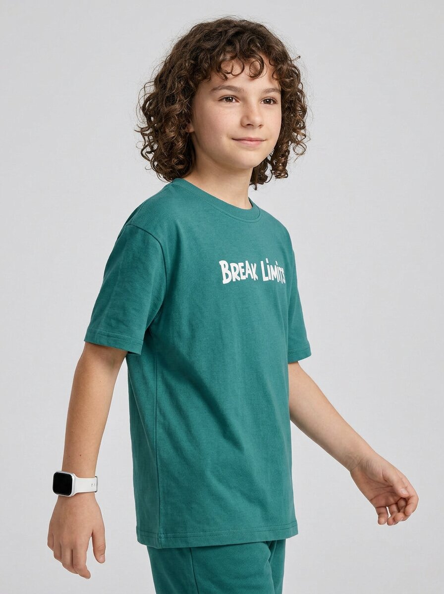 CODEZ Boys Teal Break Limits Graphic Printed Drop Shoulder Cotton T-Shirt