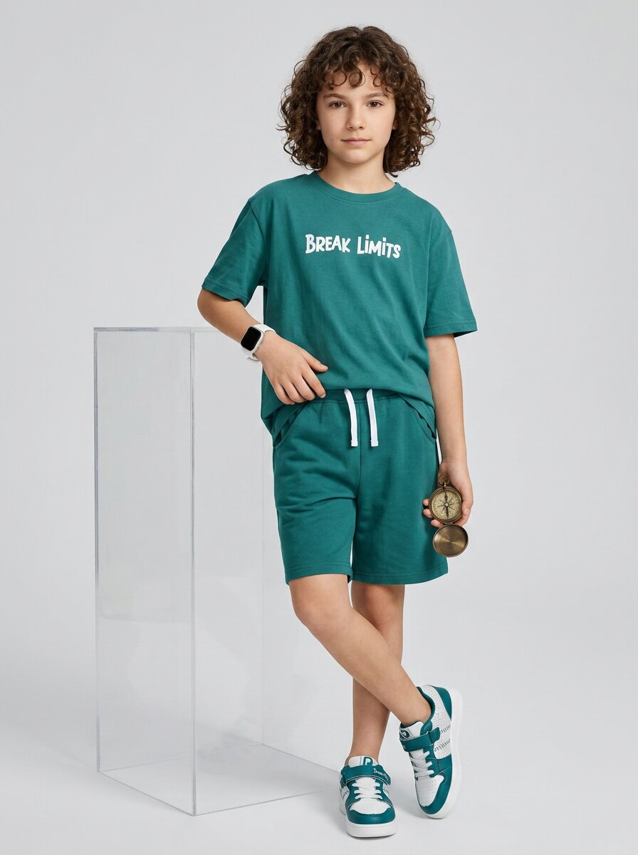 CODEZ Boys Teal Break Limits Graphic Printed Drop Shoulder Cotton T-Shirt