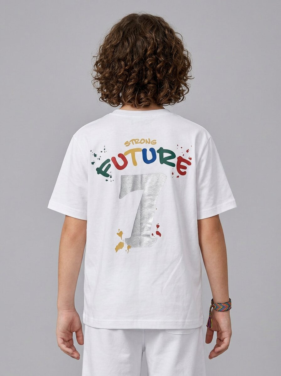 CODEZ Boys White Strong Future Graphic Printed Drop Shoulder Cotton T-Shirt