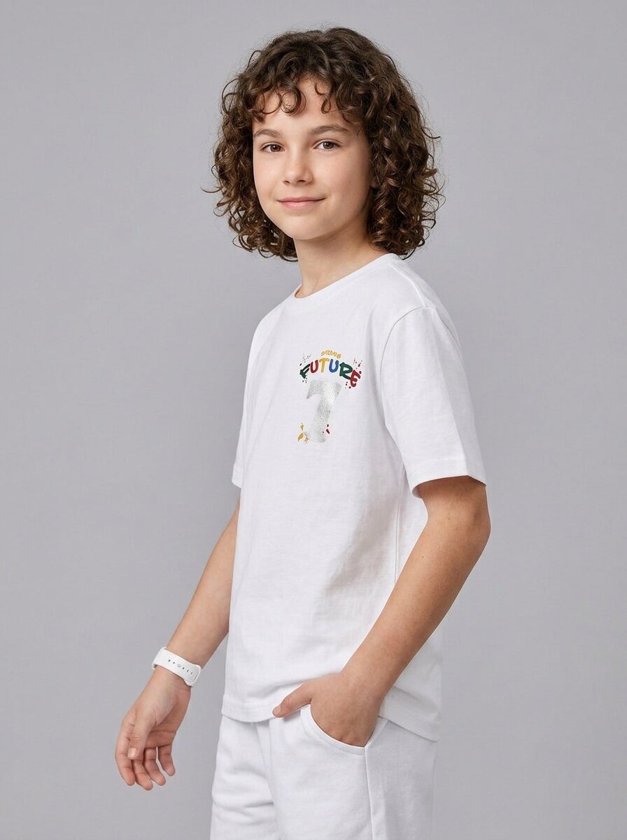 CODEZ Boys White Strong Future Graphic Printed Drop Shoulder Cotton T-Shirt