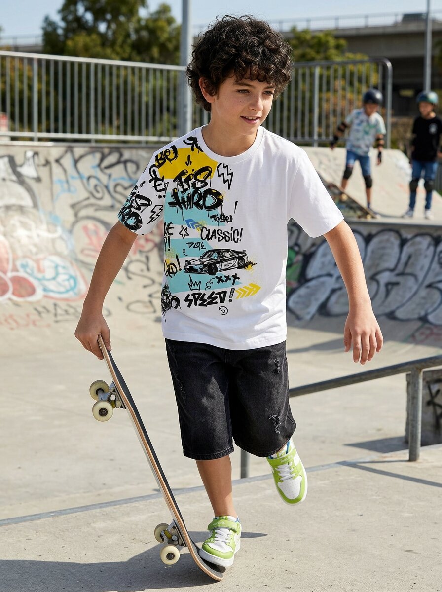 CODEZ Boys White Speed Racing Graphic Printed Drop Shoulder Cotton T-Shirt