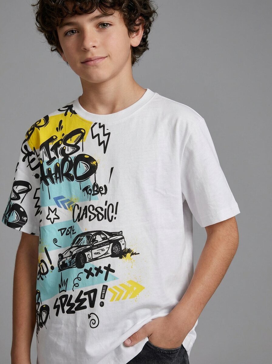 CODEZ Boys White Speed Racing Graphic Printed Drop Shoulder Cotton T-Shirt