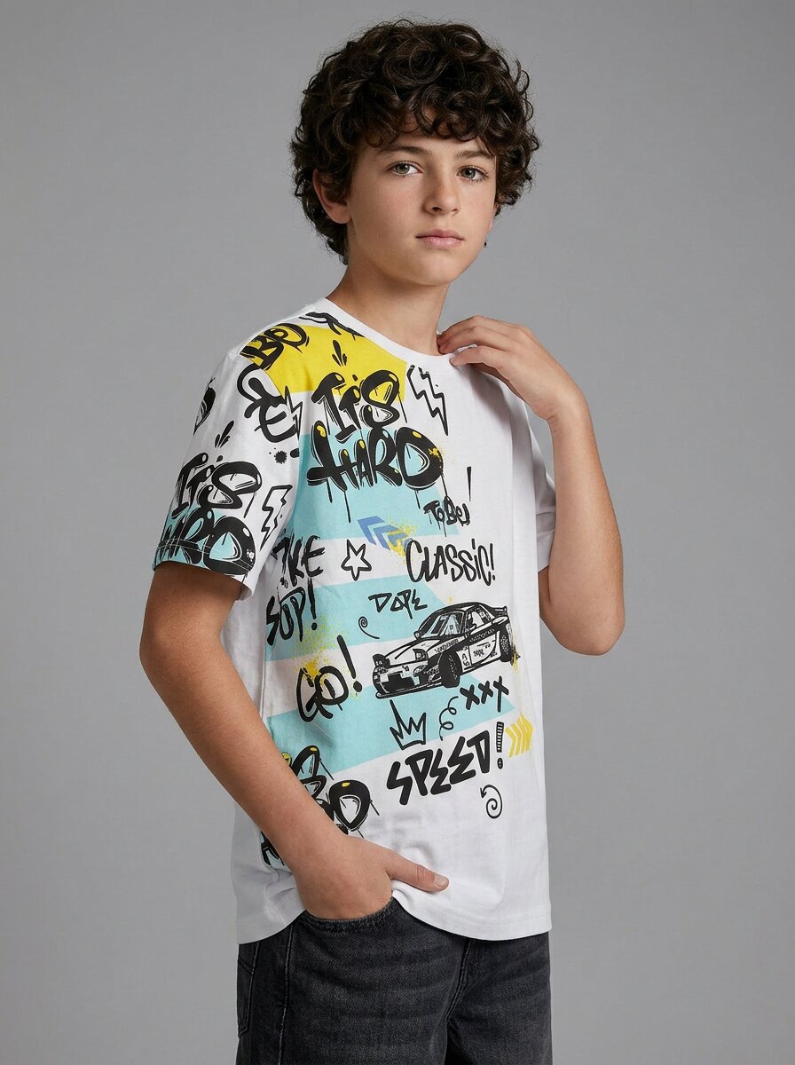 CODEZ Boys White Speed Racing Graphic Printed Drop Shoulder Cotton T-Shirt