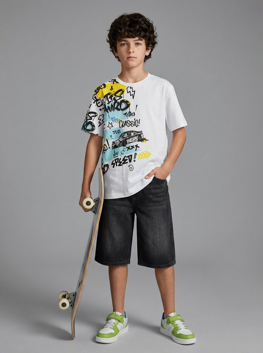 CODEZ Boys White Speed Racing Graphic Printed Drop Shoulder Cotton T-Shirt