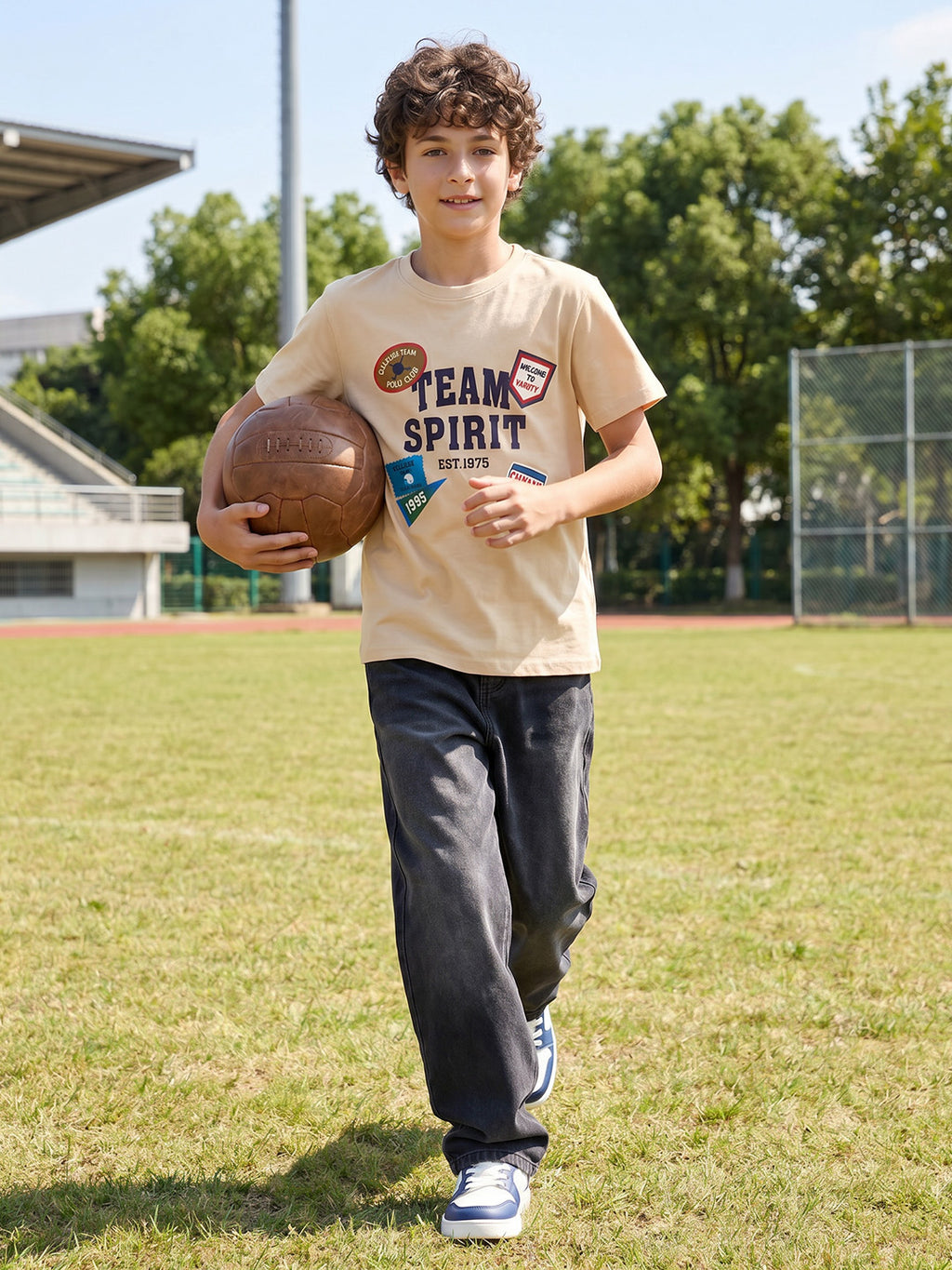 CODEZ Boys Beige Relaxed Fit Team Spirit Graphic Drop Shoulder T-Shirt