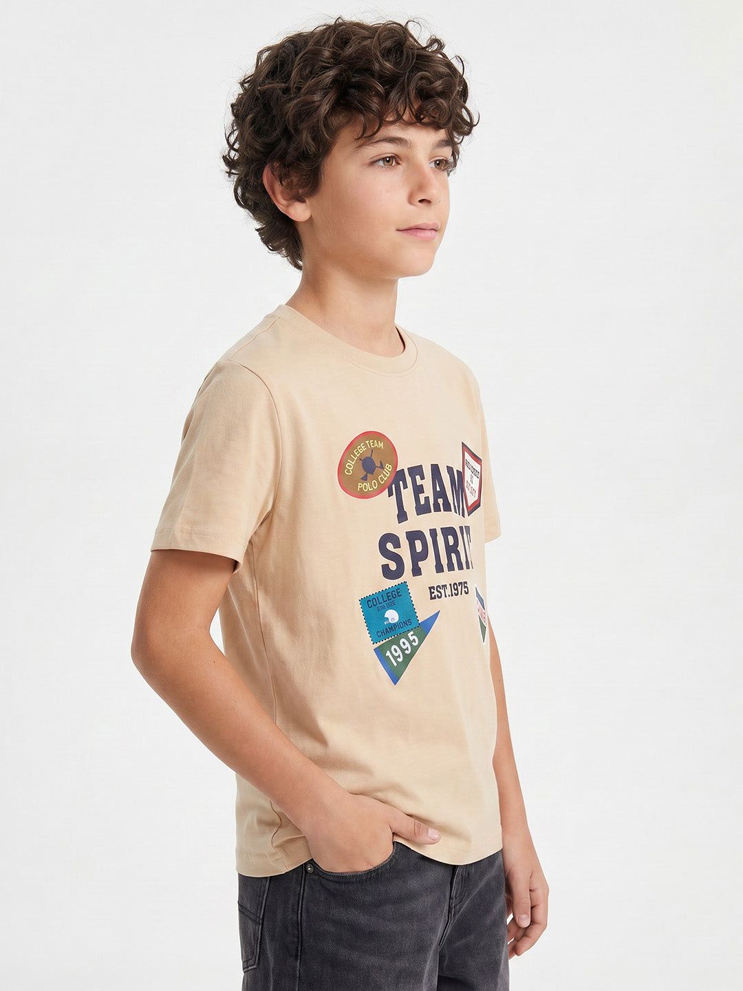 CODEZ Boys Beige Relaxed Fit Team Spirit Graphic Drop Shoulder T-Shirt