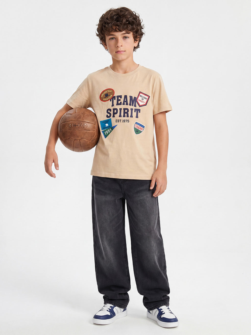 CODEZ Boys Beige Relaxed Fit Team Spirit Graphic Drop Shoulder T-Shirt