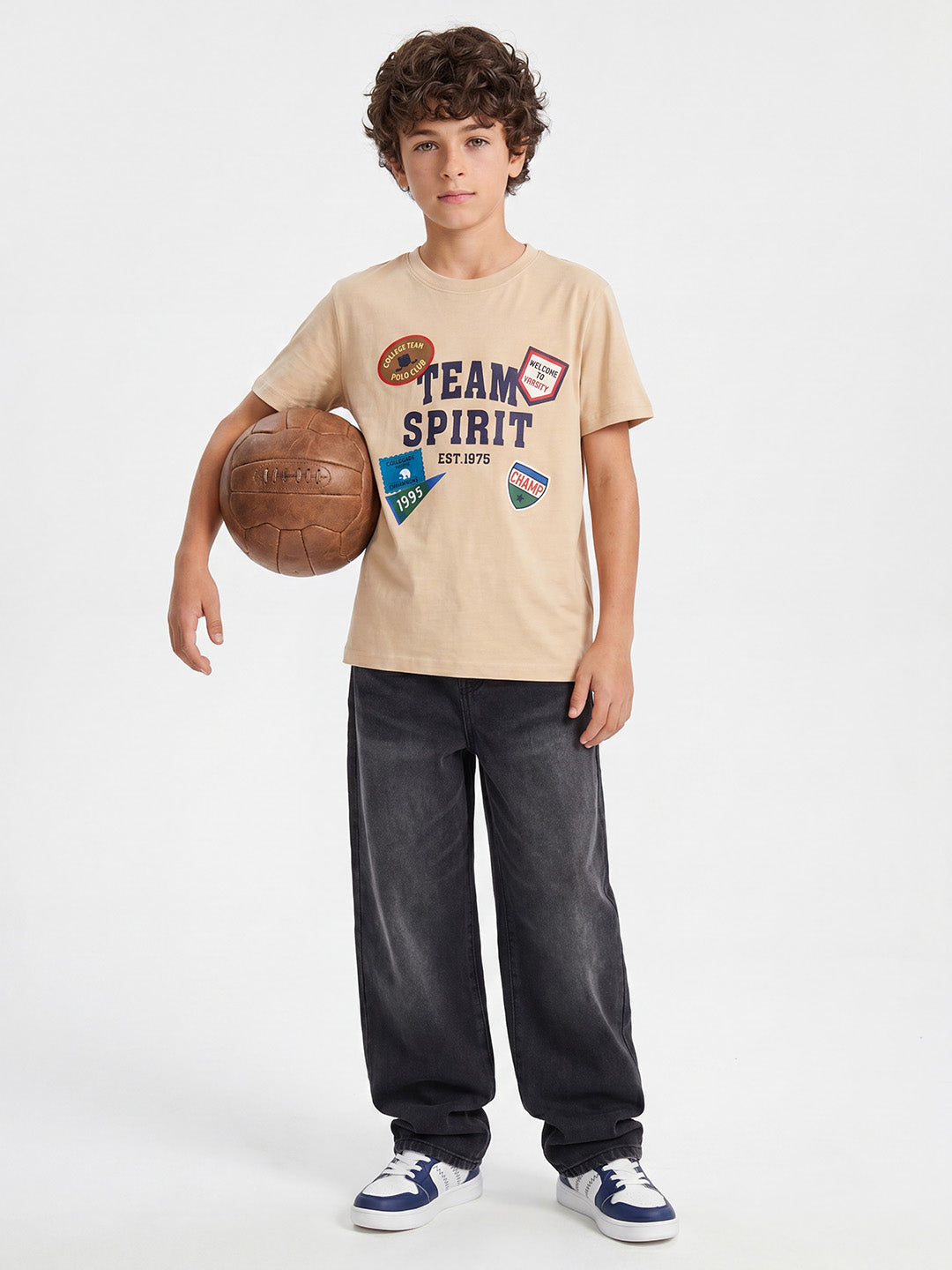 CODEZ Boys Beige Relaxed Fit Team Spirit Graphic Drop Shoulder T-Shirt