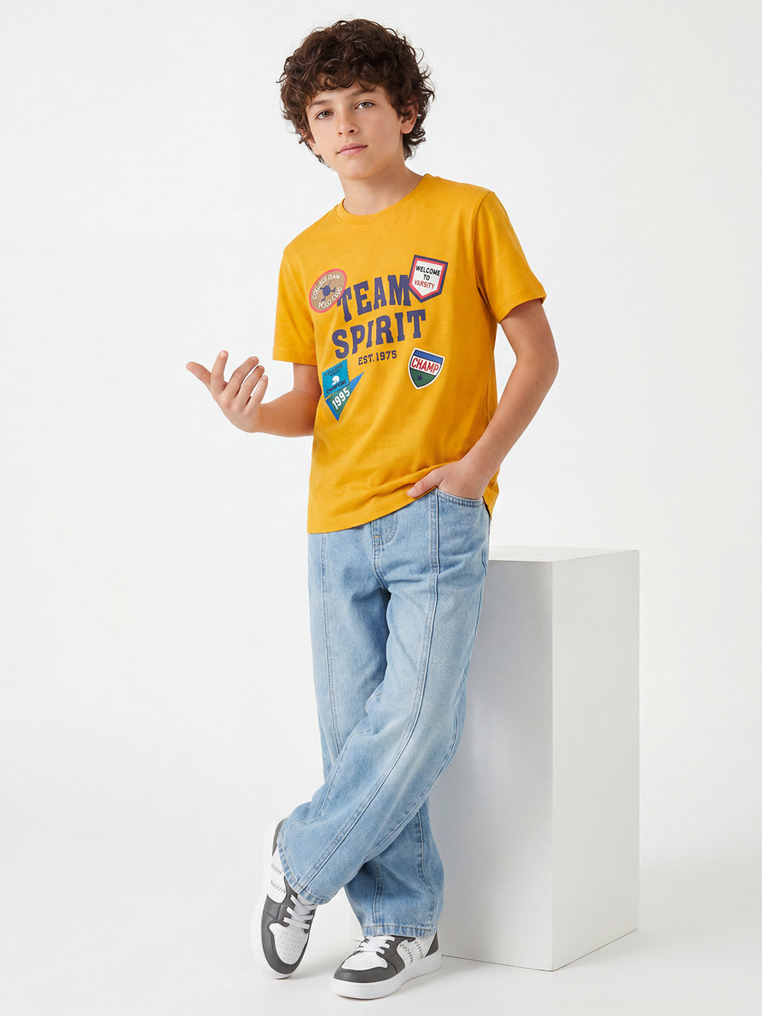 CODEZ Boys Mustard Relaxed Fit Team Spirit Graphic Drop Shoulder T-Shirt