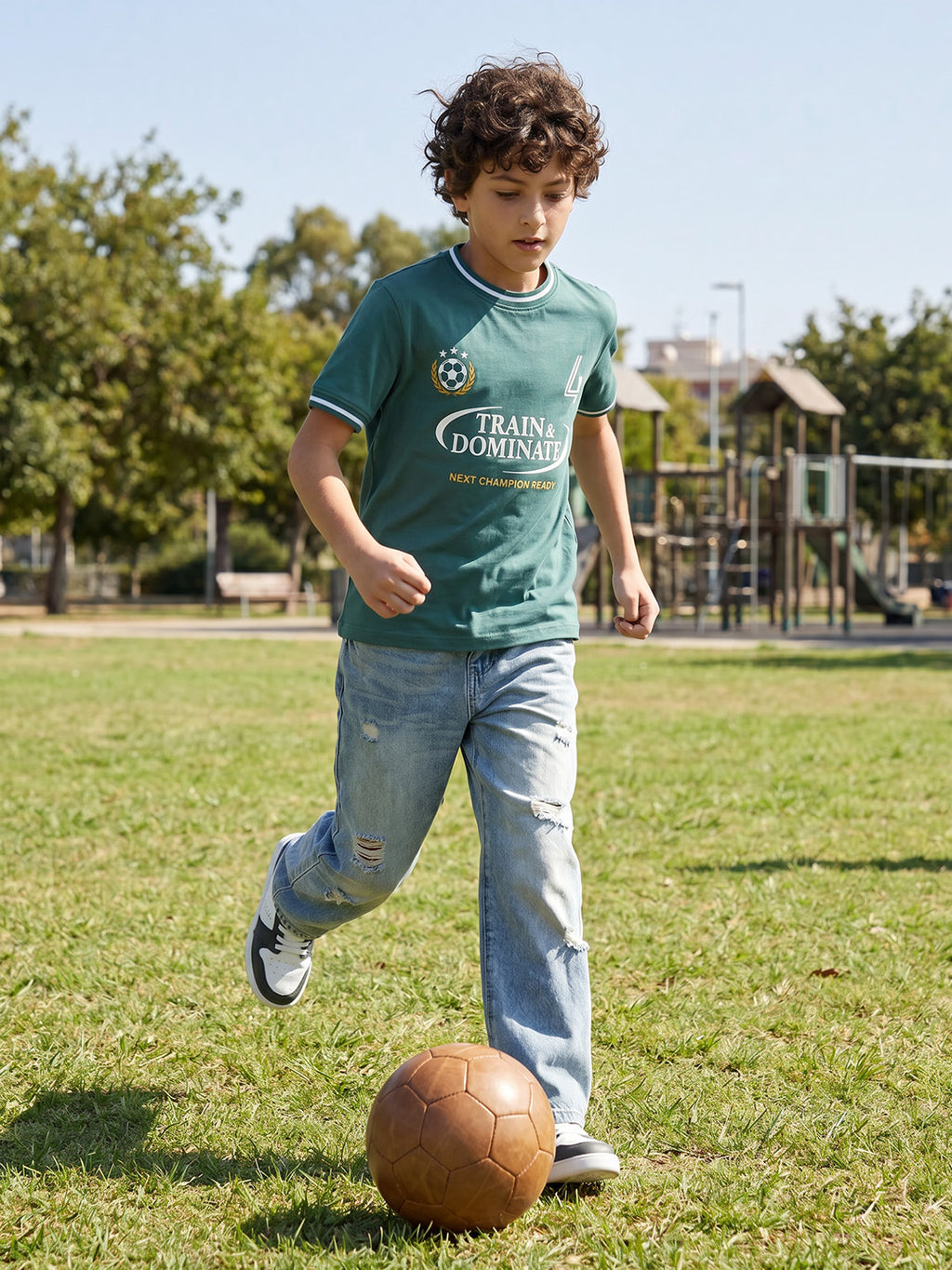 boys oversized t-shirt - CODEZ Boys' Teal Relaxed Fit Train & Dominate Graphic Drop Shoulder T-Shirt, front view