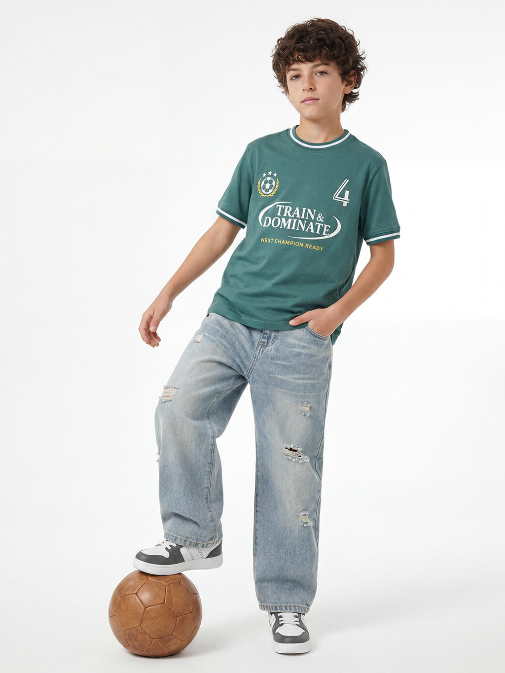 boys oversized t-shirt - CODEZ Boys' Teal Relaxed Fit Train & Dominate Graphic Drop Shoulder T-Shirt, styling view