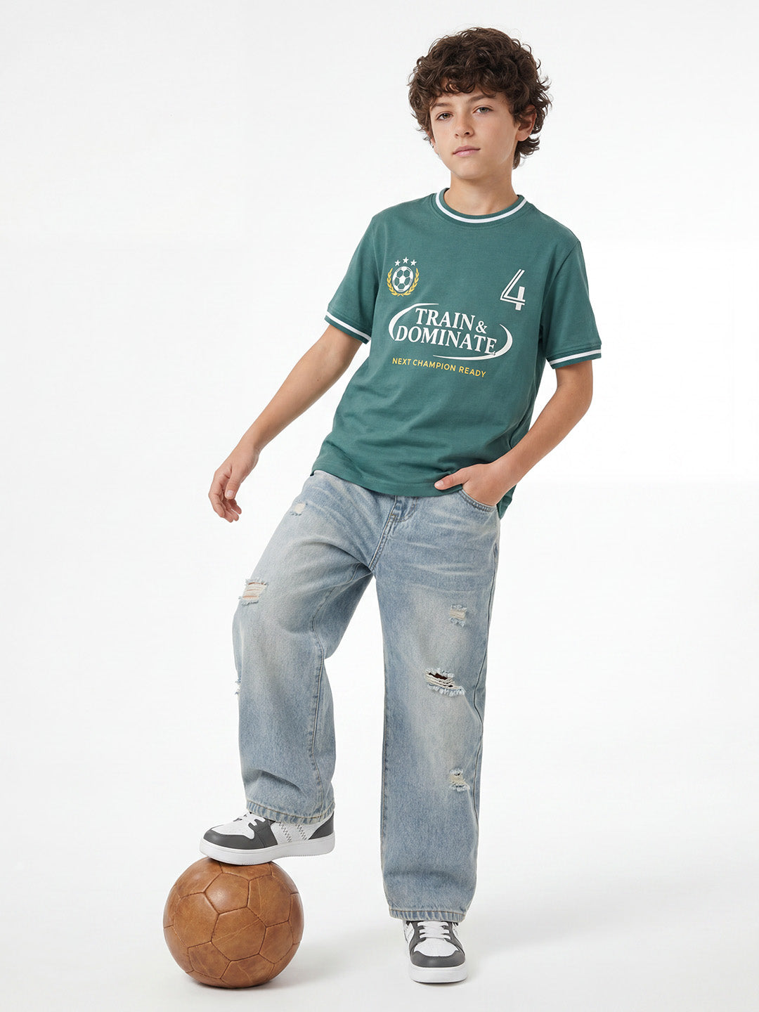 boys oversized t-shirt - CODEZ Boys' Teal Relaxed Fit Train & Dominate Graphic Drop Shoulder T-Shirt, styling view