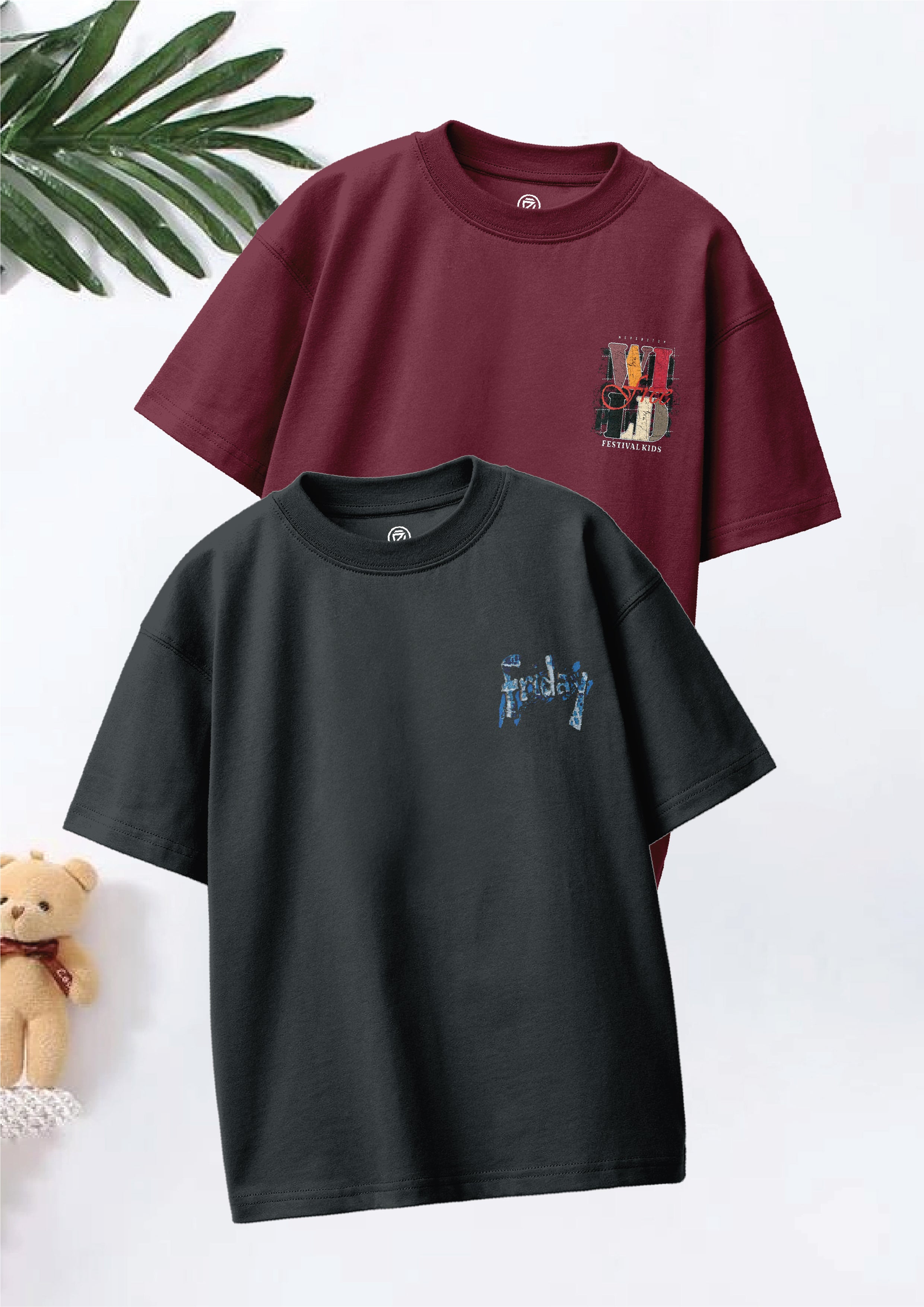 CODEZ Boys Pack Of 2 Oversize Drop Shoulder Printed Tshirts