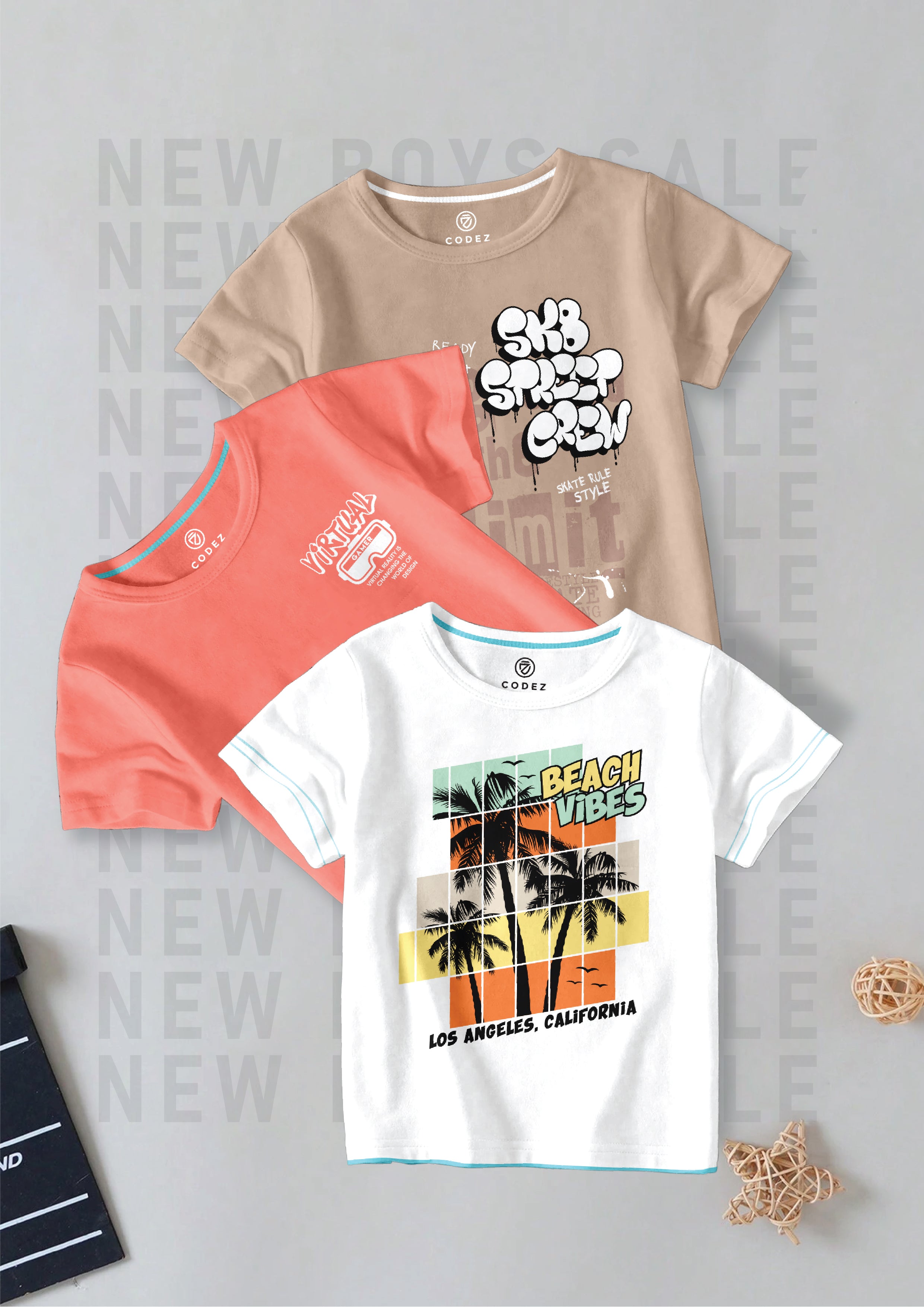 CODEZ Boys Pack Of 3 Round Neck Printed Tshirts