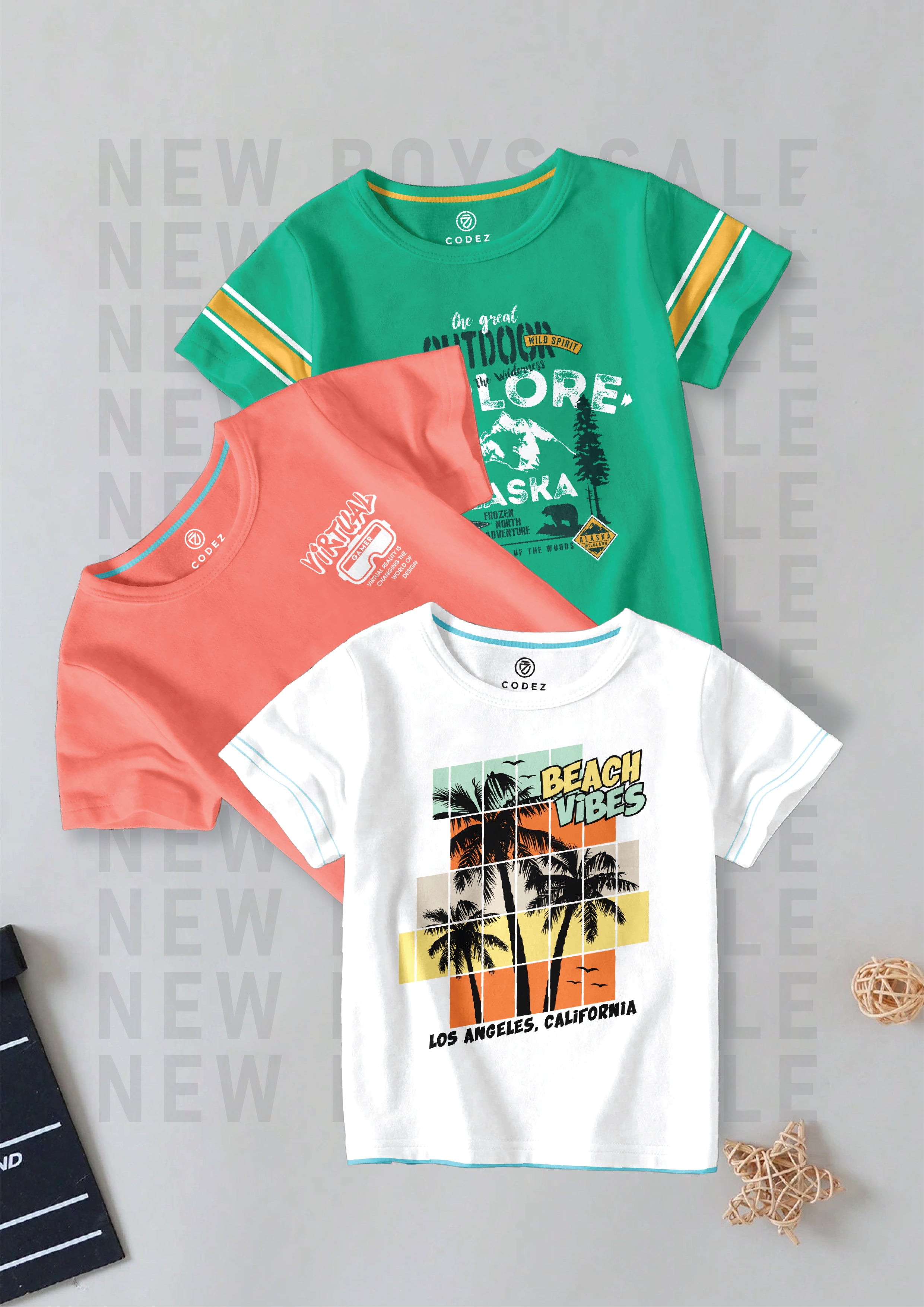 CODEZ Boys Pack Of 3 Round Neck Printed Tshirts