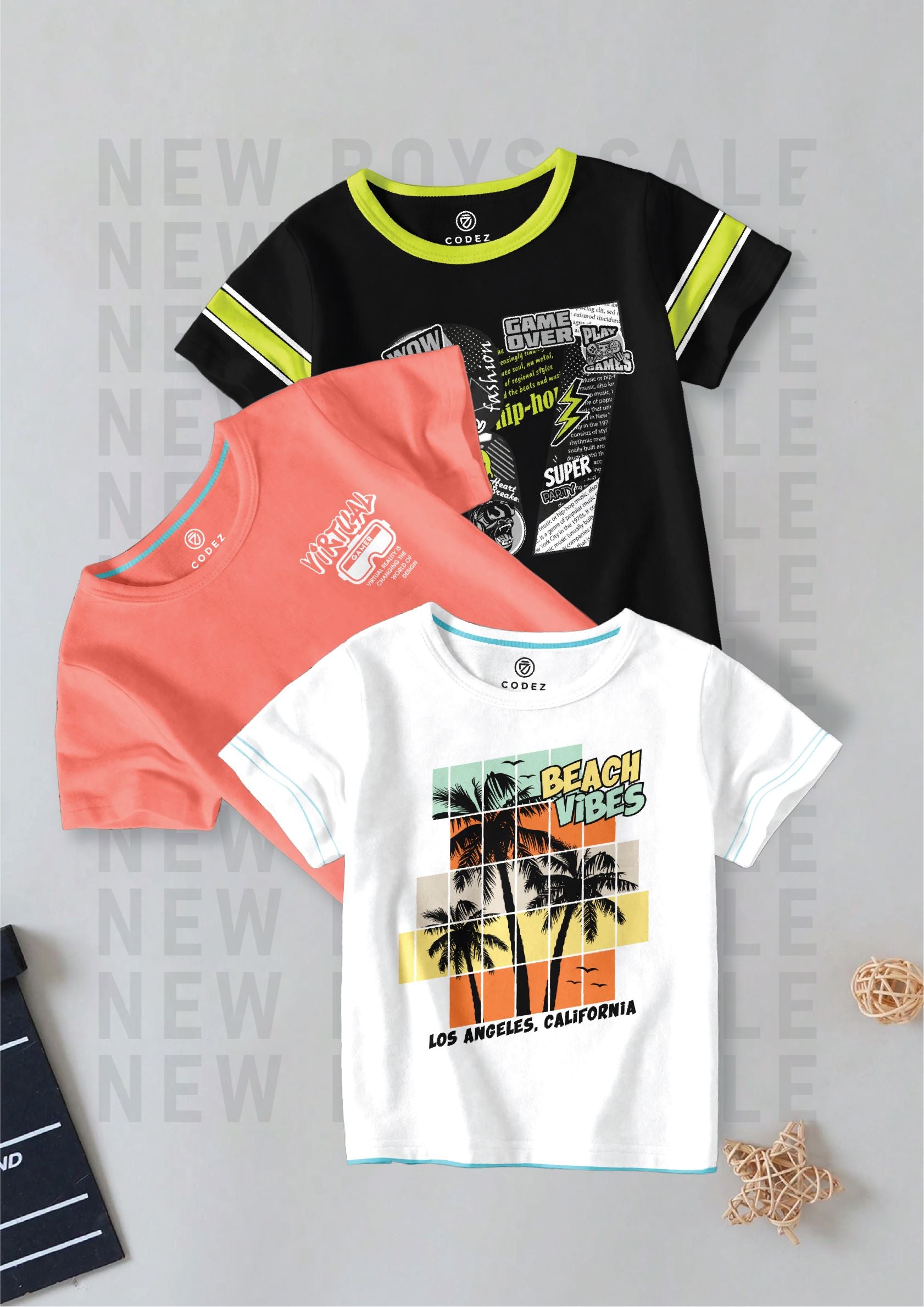 CODEZ Boys Pack Of 3 Round Neck Printed Tshirts