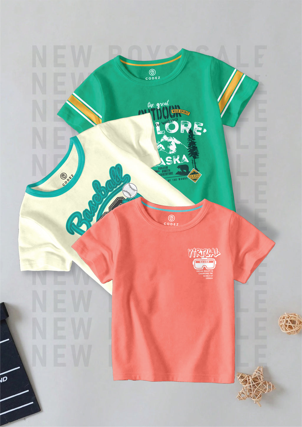 CODEZ Boys Pack Of 3 Round Neck Printed Tshirts