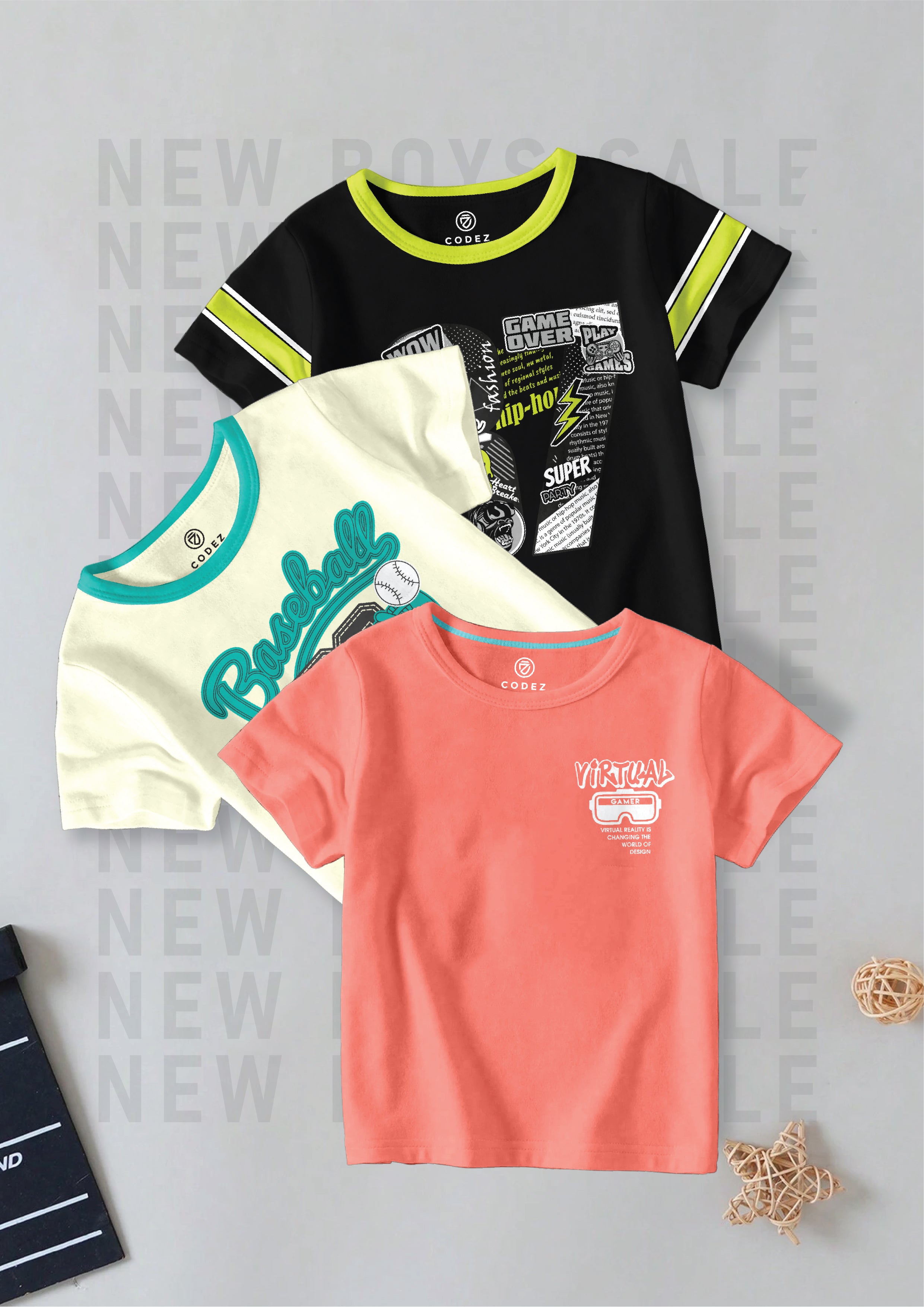 CODEZ Boys Pack Of 3 Round Neck Printed Tshirts