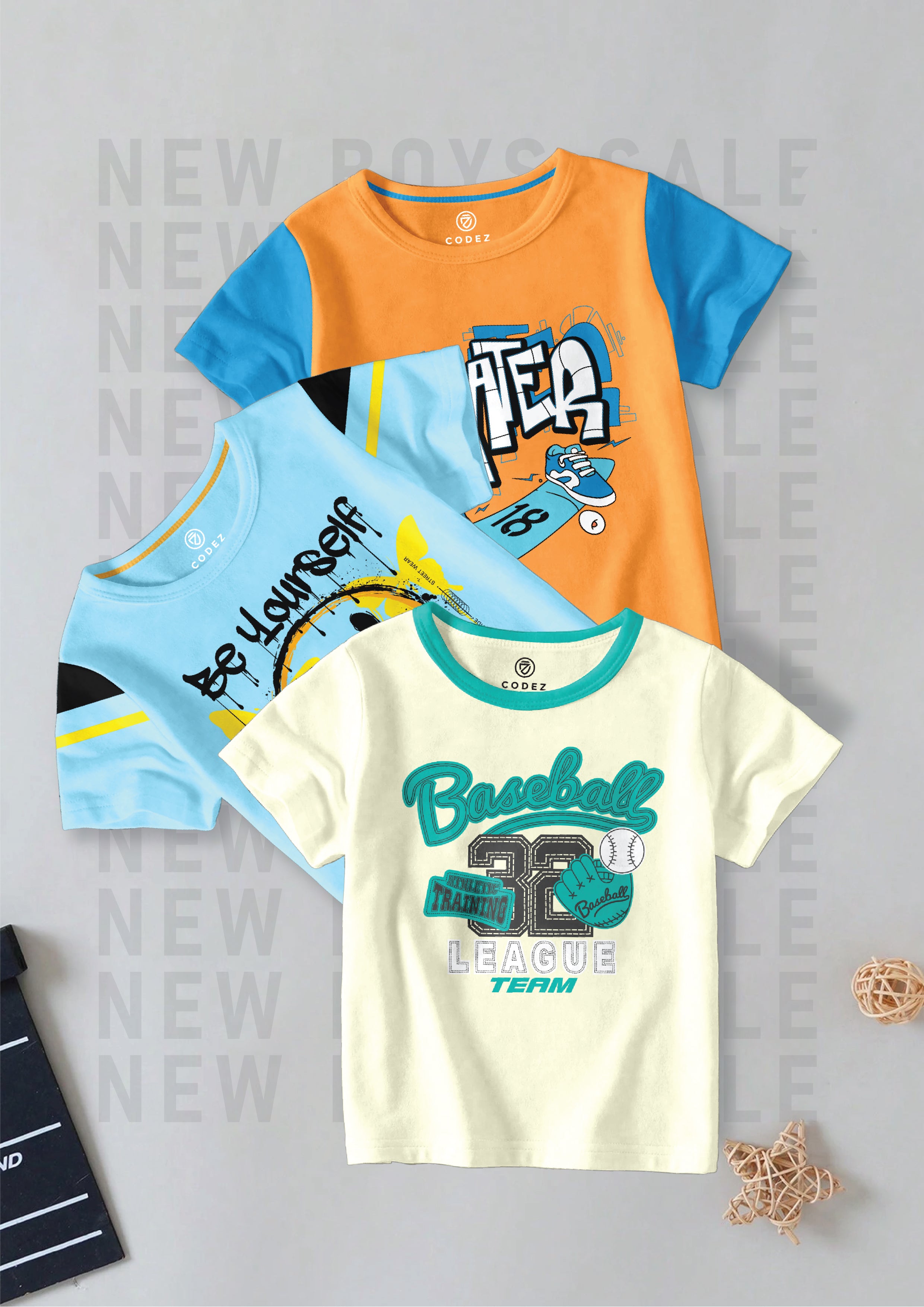 CODEZ Boys Pack Of 3 Round Neck Printed Tshirts