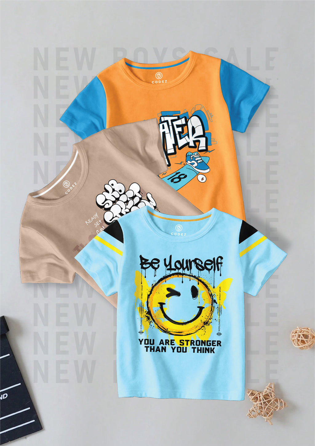 CODEZ Boys Pack Of 3 Round Neck Printed Tshirts