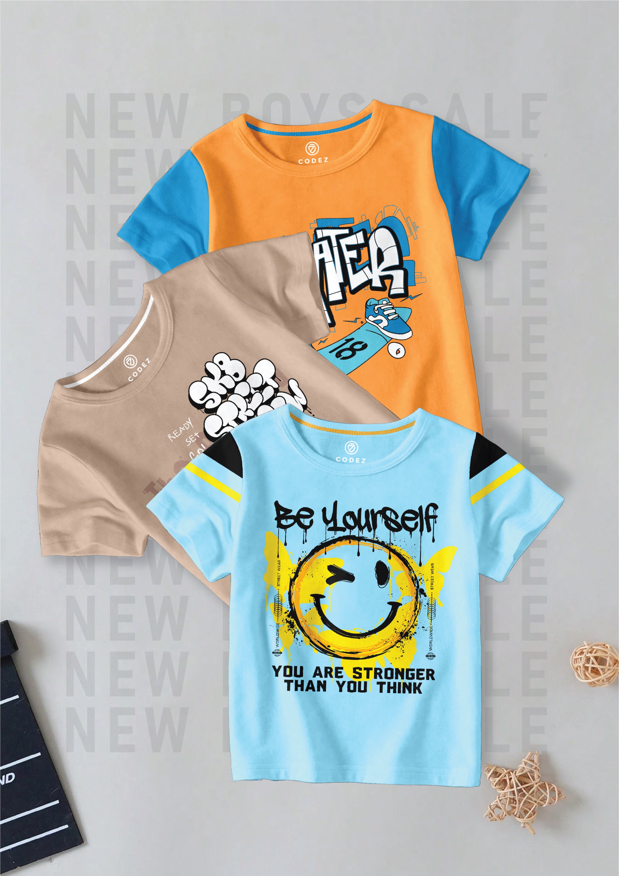 CODEZ Boys Pack Of 3 Round Neck Printed Tshirts