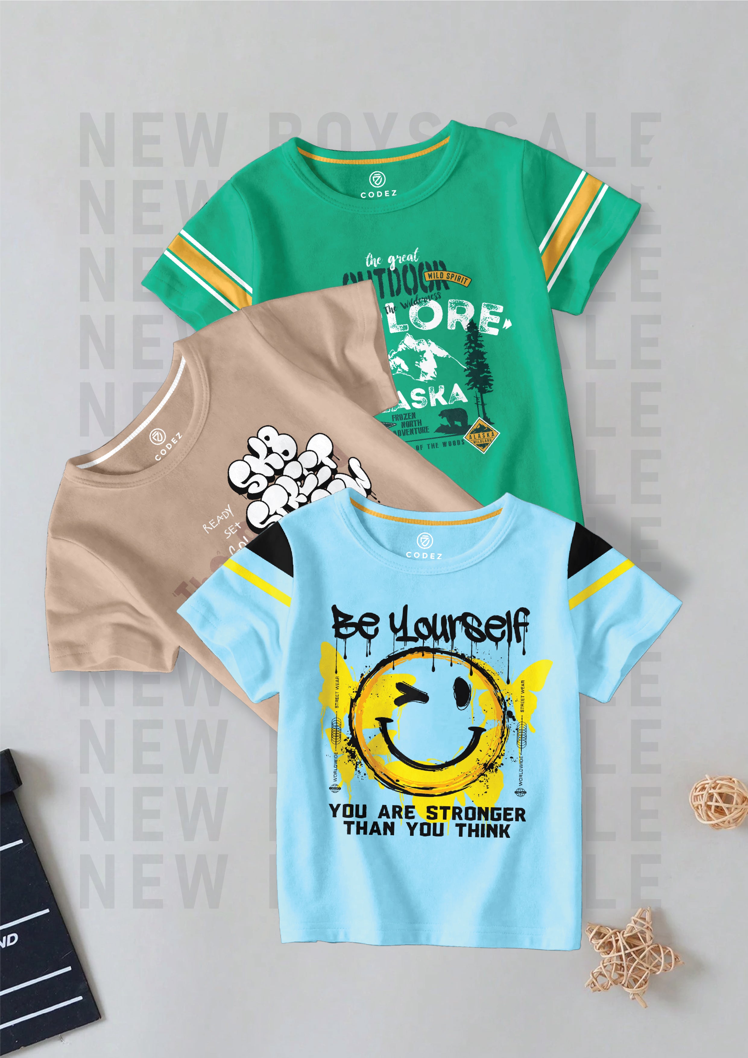 CODEZ Boys Pack Of 3 Round Neck Printed Tshirts