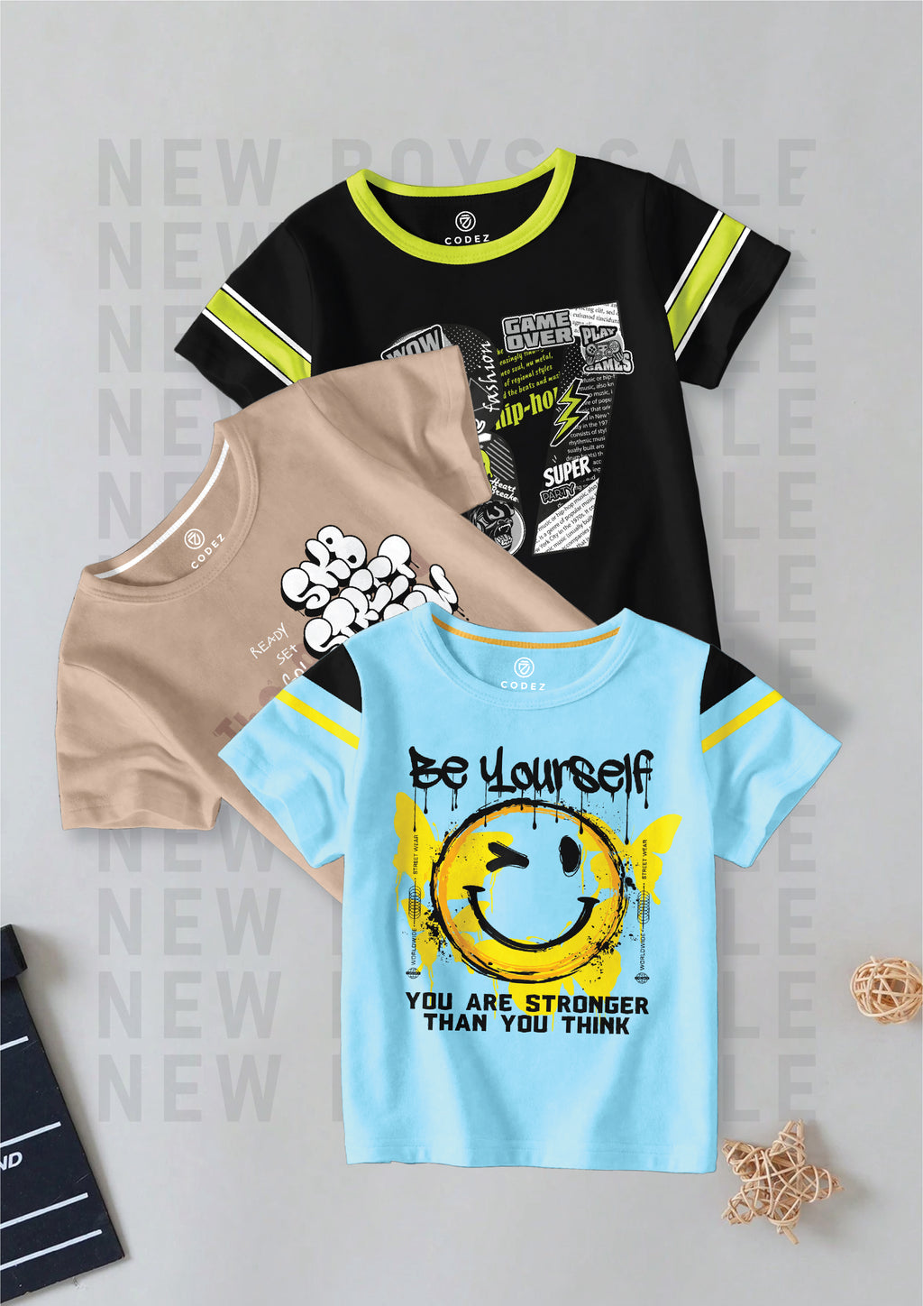 CODEZ Boys Pack Of 3 Round Neck Printed Tshirts