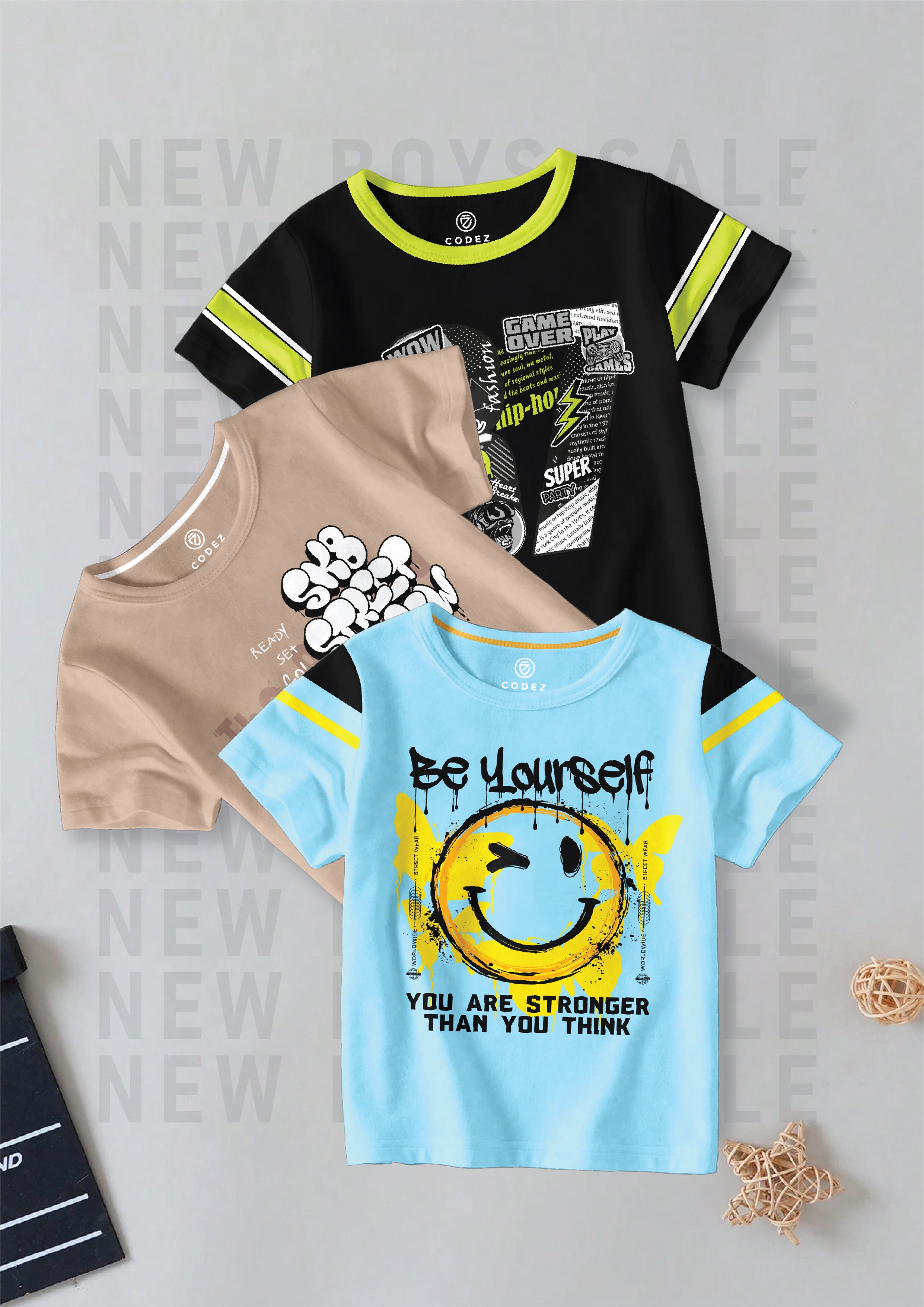 CODEZ Boys Pack Of 3 Round Neck Printed Tshirts
