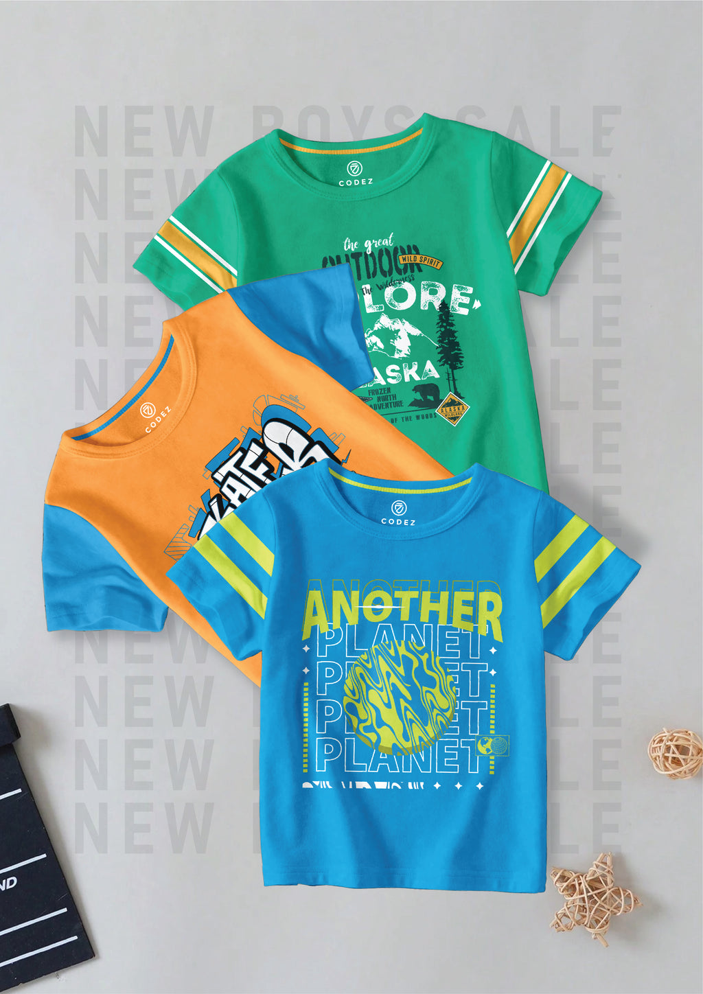 CODEZ Boys Pack Of 3 Round Neck Printed Tshirts