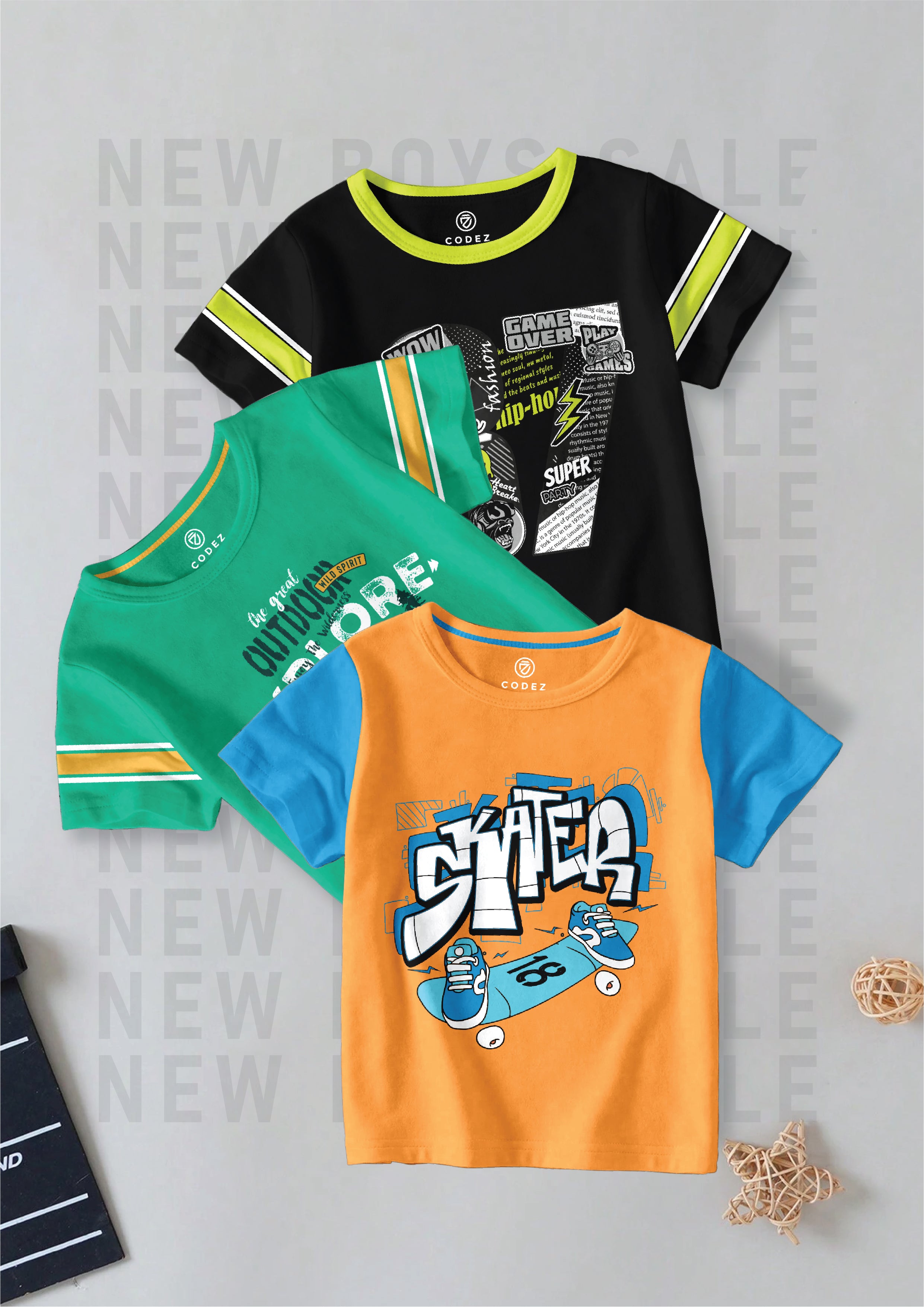 CODEZ Boys Pack Of 3 Round Neck Printed Tshirts